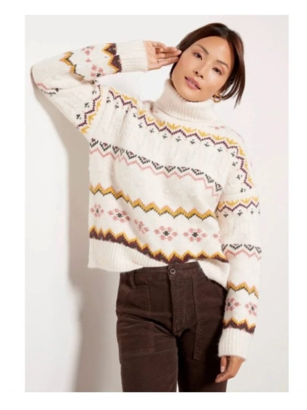 Evereve Lyra Fair Isle Turtleneck Sweater Women's Size XS